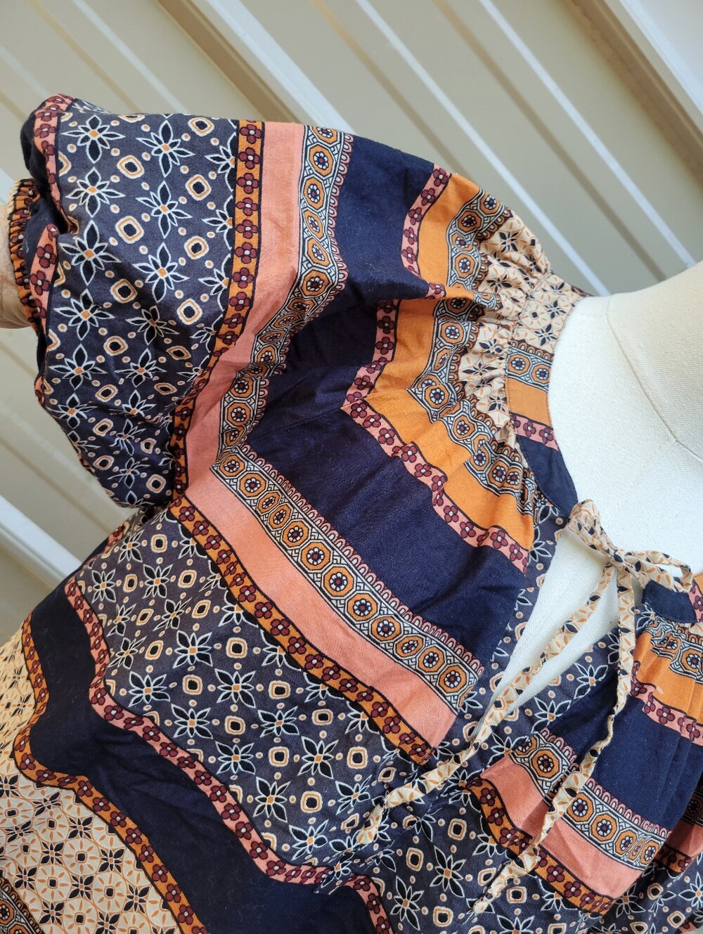 LOFT Navy Blue, Orange & Cream Patterned Peasant Blouse - Picture 3 of 7